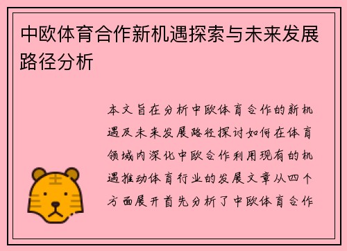 中欧体育合作新机遇探索与未来发展路径分析