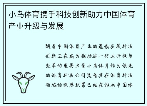 小鸟体育携手科技创新助力中国体育产业升级与发展